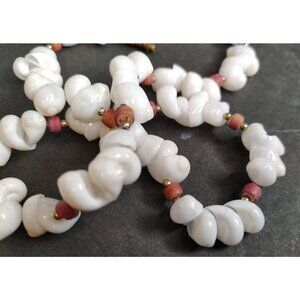 Handmade White Sea Shell Necklace, Red Bead, Barrel Clasp, Vacation Boho Beach